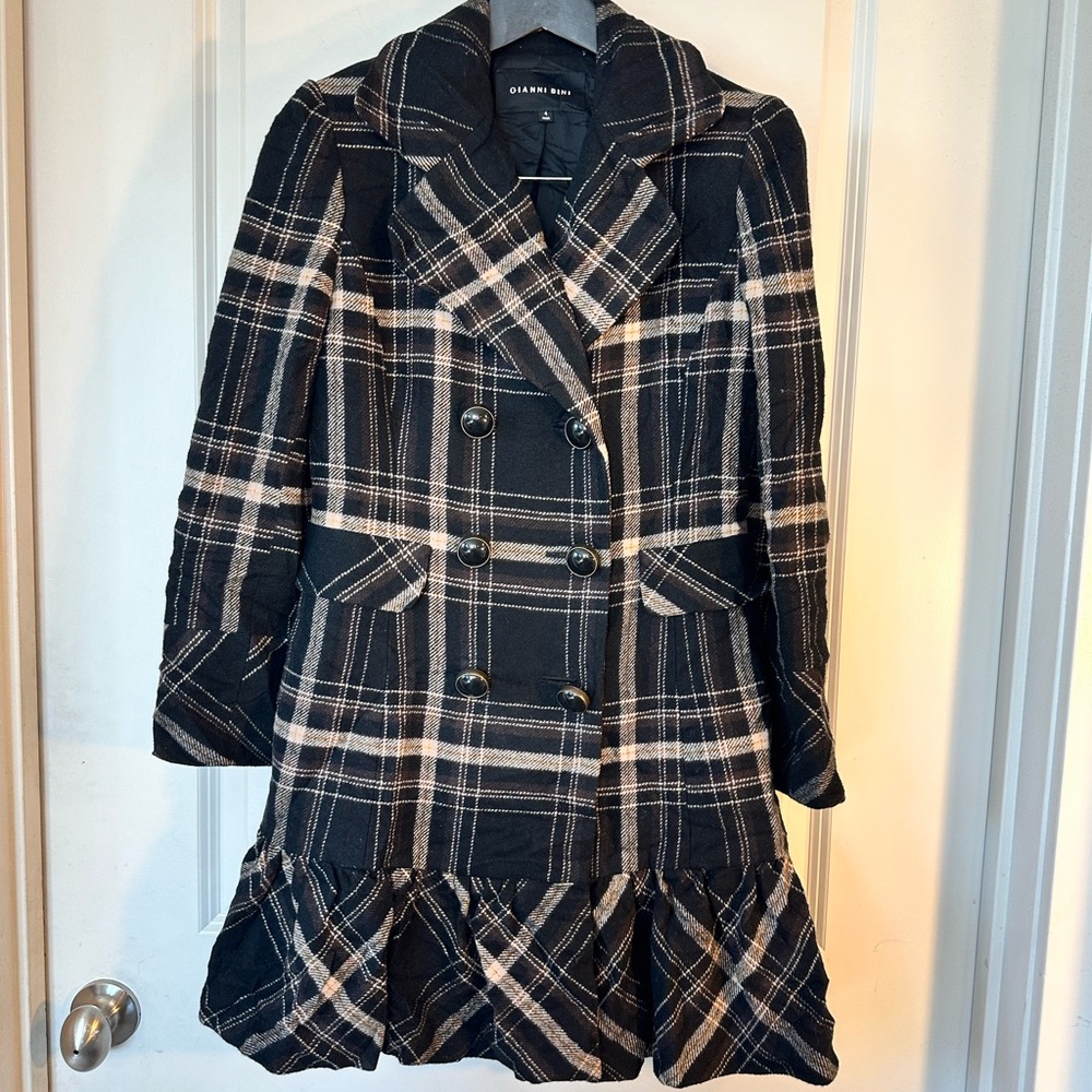 Gianni Bini Plaid Wool Blend Double Breasted Ruffle Pea Coat Dress, 4